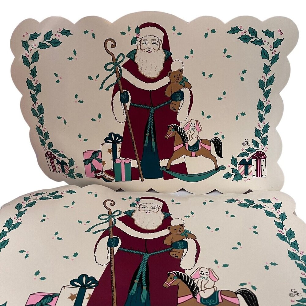 Santa Claus Holly Christmas Placemats Old Worl Vintage Set of 8 - Picture 4 of 4
